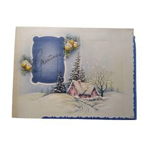 Christmas Greeting Card Vintage Glitter Snow Covered Cottage Mid Century 1945